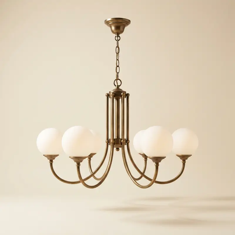 Calder brass six-arm chandelier in Aged brass