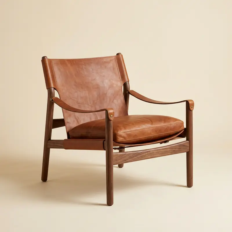 Wexley leather sling chair in Cognac leather / walnut